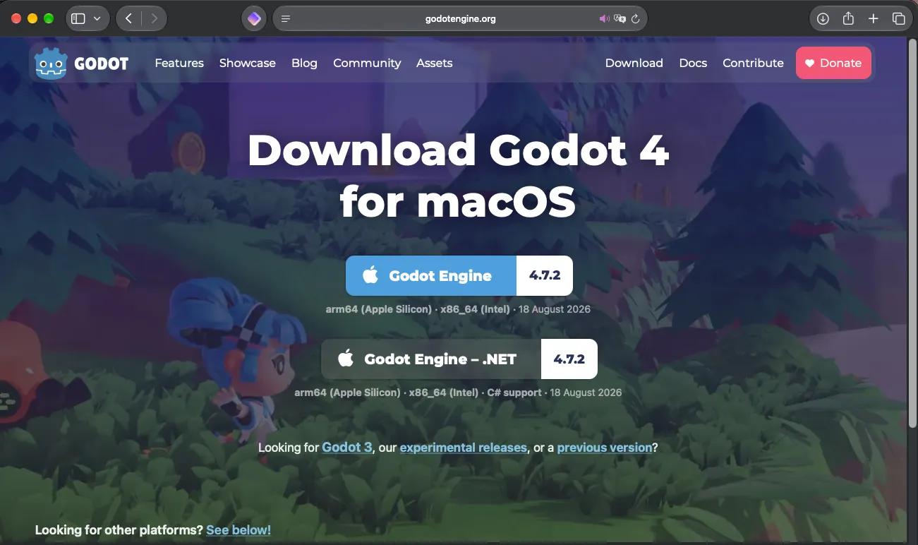 Download-Seite von Godot für macOS mit zwei Knöpfen: Godot Engine 4.7.2 und Godot Engine .NET 4.7.2 mit C#-Unterstützung, beide vom 18. August 2026