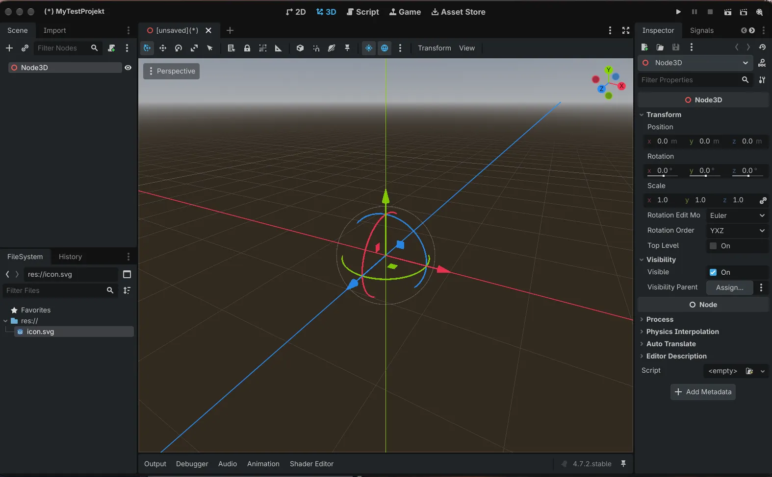 Godot-Editor 4.7.2 mit leerem Projekt: links die Szene mit Node3D und das Dateisystem mit icon.svg, in der Mitte die 3D-Ansicht, rechts der Inspector
