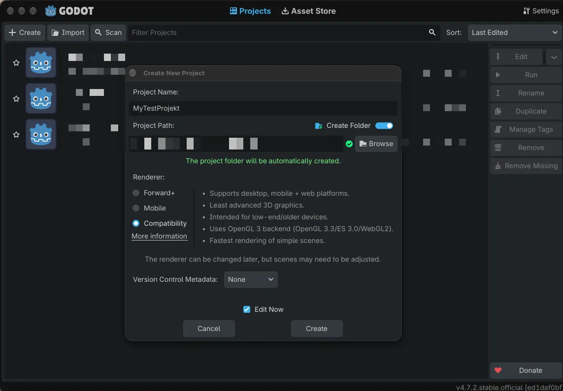 Projektmanager von Godot 4.7.2 mit dem geöffneten Dialog „Create New Project“: Projektname MyTestProjekt, Auswahl des Renderers Forward+, Mobile oder Compatibility und der Knopf Create