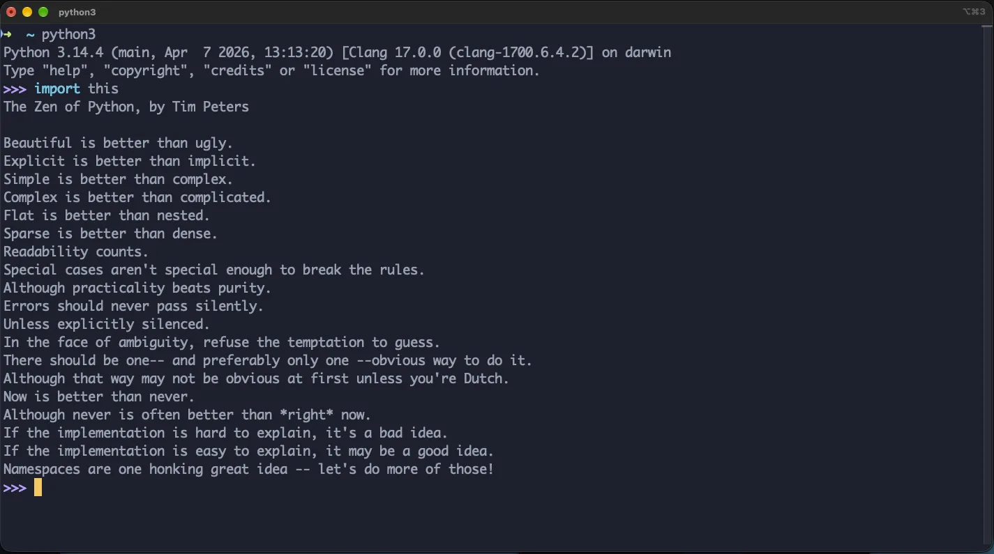 Terminal auf dem Mac mit Python 3.14.4: nach import this folgen „The Zen of Python, by Tim Peters“ und die 19 Leitsätze