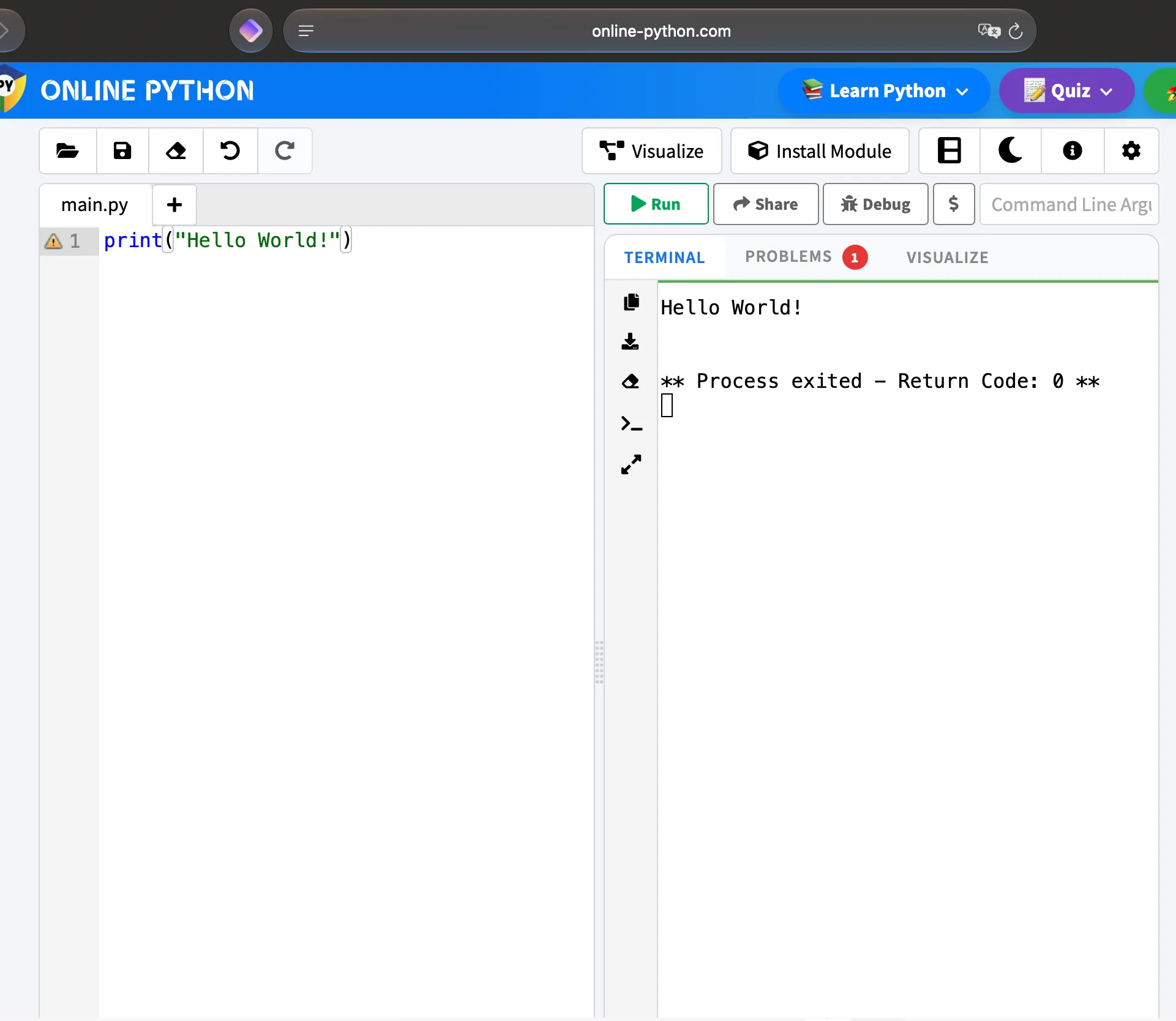 Online Python im Browser: links der Editor mit main.py und einer print-Zeile, rechts das Terminal mit der Ausgabe Hello World