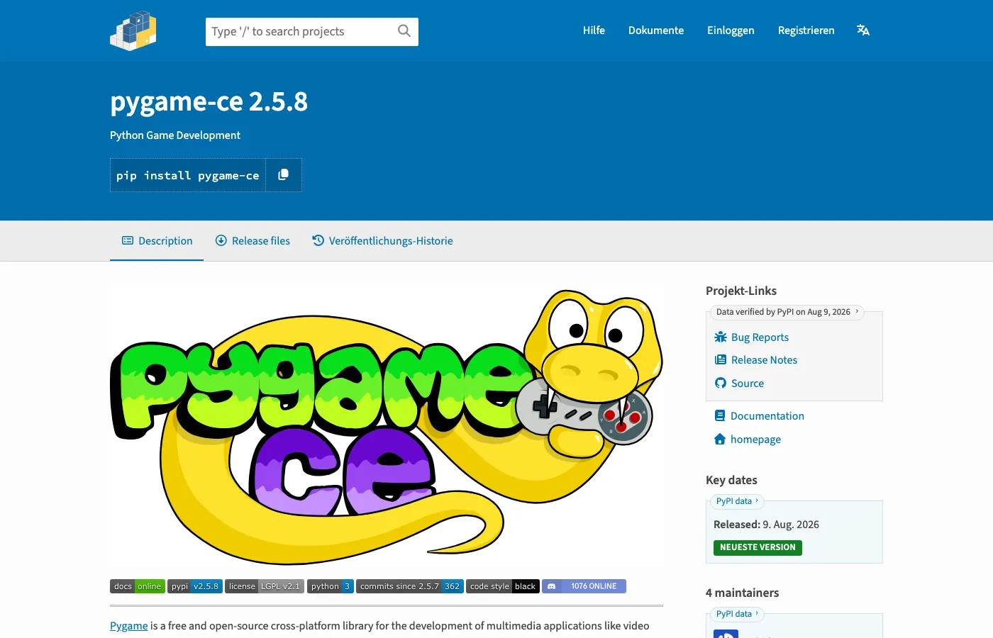 Kopf der PyPI-Seite von pygame-ce 2.5.8 mit dem Befehl pip install pygame-ce zum Kopieren, den Reitern Description, Release files und Veröffentlichungs-Historie und rechts den Projekt-Links zu Bug Reports, Release Notes, Source, Documentation und homepage