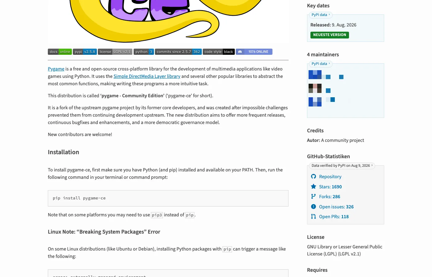 Seitenleiste der PyPI-Seite von pygame-ce: Released 9. Aug. 2026 mit dem Hinweis „Neueste Version“, darunter die Maintainer (unkenntlich gemacht), Credits, GitHub-Statistiken mit 1690 Stars und 286 Forks und die Lizenz LGPL v2.1