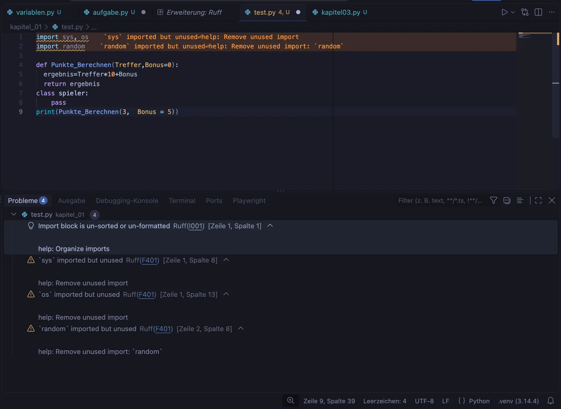 VS Code mit der Datei test.py: die Zeilen import sys, os und import random sind unterstrichen, unten im Fenster Probleme stehen vier Meldungen von Ruff, I001 Import block is un-sorted or un-formatted und dreimal F401 imported but unused