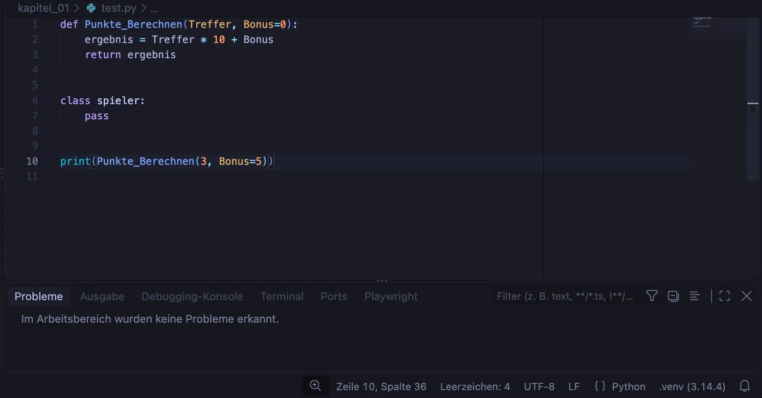 VS Code mit derselben Datei test.py nach Ruff: keine Imports mehr, die Funktion Punkte_Berechnen mit vier Leerzeichen eingerückt, Leerzeichen um = und *, je zwei Leerzeilen vor class spieler und vor print, unten im Fenster Probleme der Satz „Im Arbeitsbereich wurden keine Probleme erkannt.“