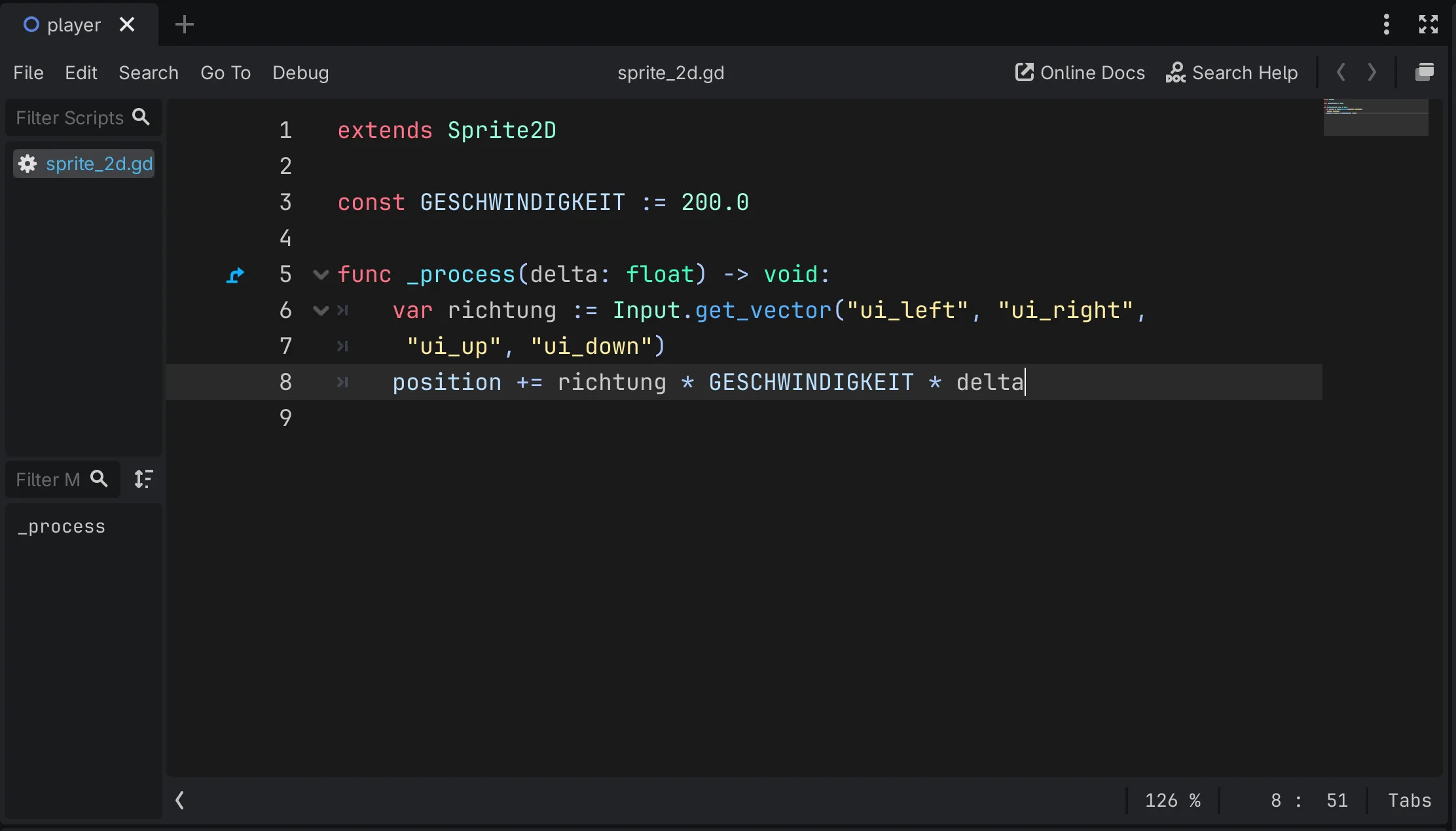 Skript-Editor in Godot mit dem Bewegungsskript sprite_2d.gd: extends Sprite2D, die Konstante GESCHWINDIGKEIT und die Funktion _process