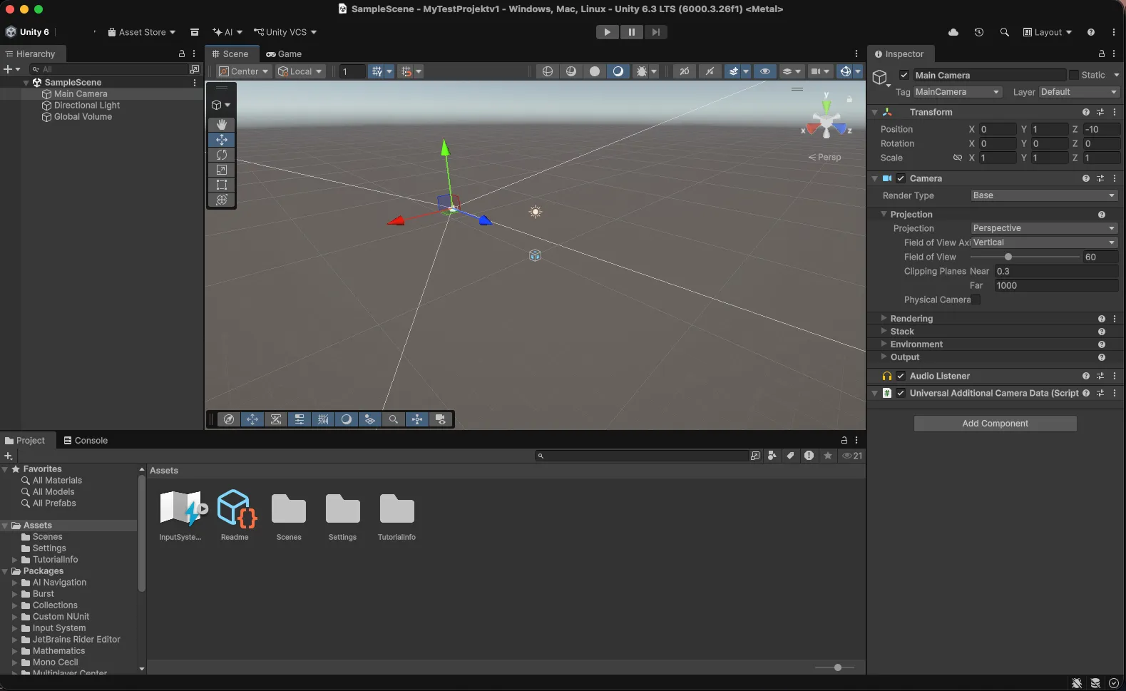 Unity-Editor 6.3 LTS mit leerem Projekt: links die Hierarchy mit Main Camera, Directional Light und Global Volume, in der Mitte die 3D-Szene, rechts der Inspector, unten der Projekt-Browser mit Ordnern wie Scenes und Settings