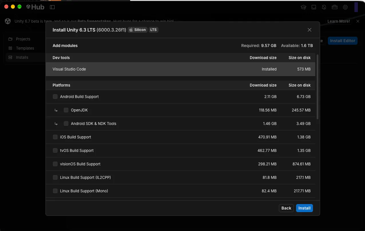 Unity Hub auf dem Mac beim Installieren von Unity 6.3 LTS: oben „Required: 9.57 GB“, darunter die Liste der Module mit Android, iOS, tvOS, visionOS und Linux Build Support samt Download-Größen