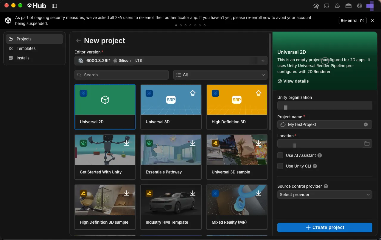 Unity Hub mit dem Bildschirm „New project“: Editor-Version 6000.3.26f1 LTS, Vorlagen wie Universal 2D, Universal 3D und High Definition 3D, rechts Projektname und der Knopf Create project