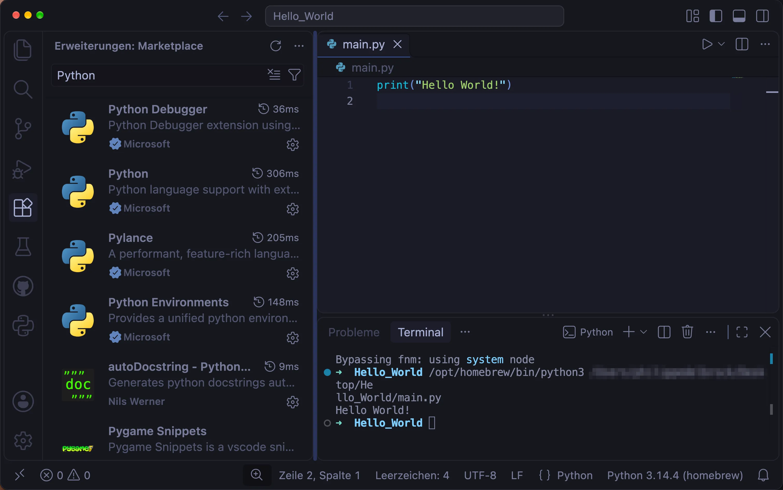VS Code mit der Suche nach Python unter Erweiterungen: installiert sind Python, Pylance, Python Debugger und Python Environments von Microsoft