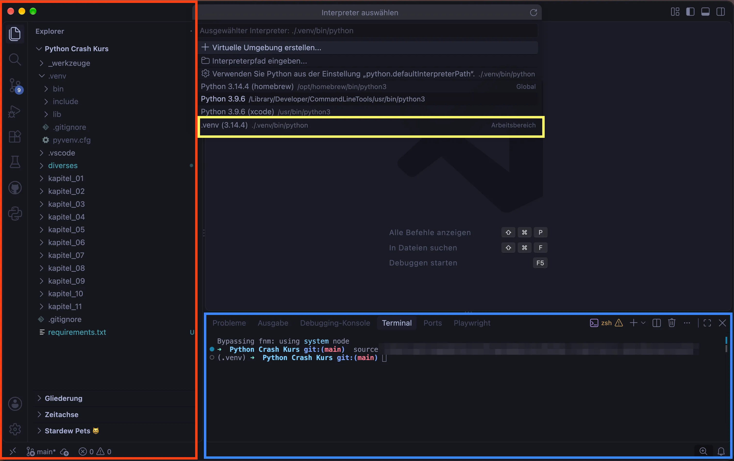VS Code mit dem Projektordner im Explorer, der geöffneten Interpreter-Auswahl mit dem Eintrag .venv (3.14.4) und dem Terminal, in dem die venv aktiv ist