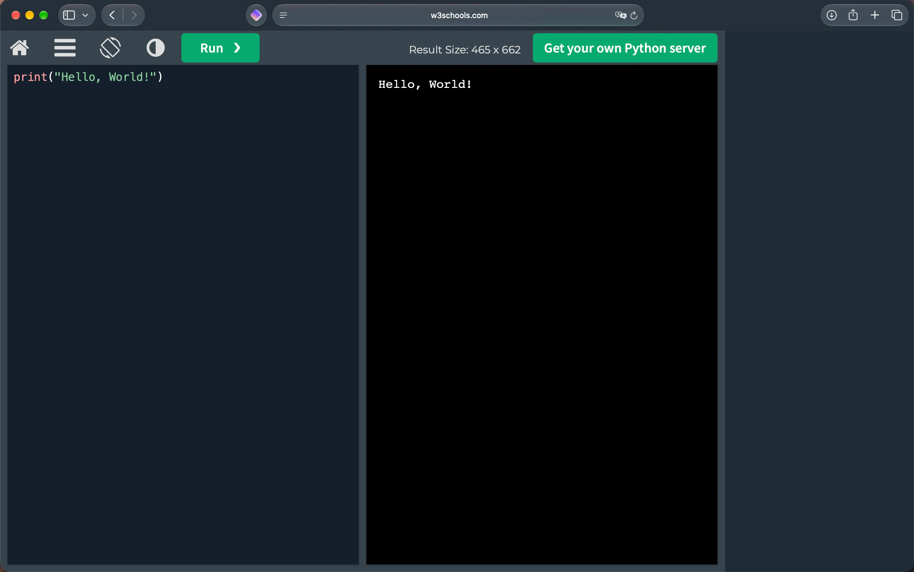 Tryit Editor von W3Schools in Safari: links die print-Zeile, rechts die Ausgabe Hello, World, oben der grüne Knopf Run